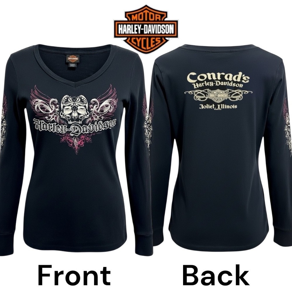 Harley-Davidson Shirt Women Small Black Long Sleeve Skull Wings Graphic V-Neck - Picture 2 of 14